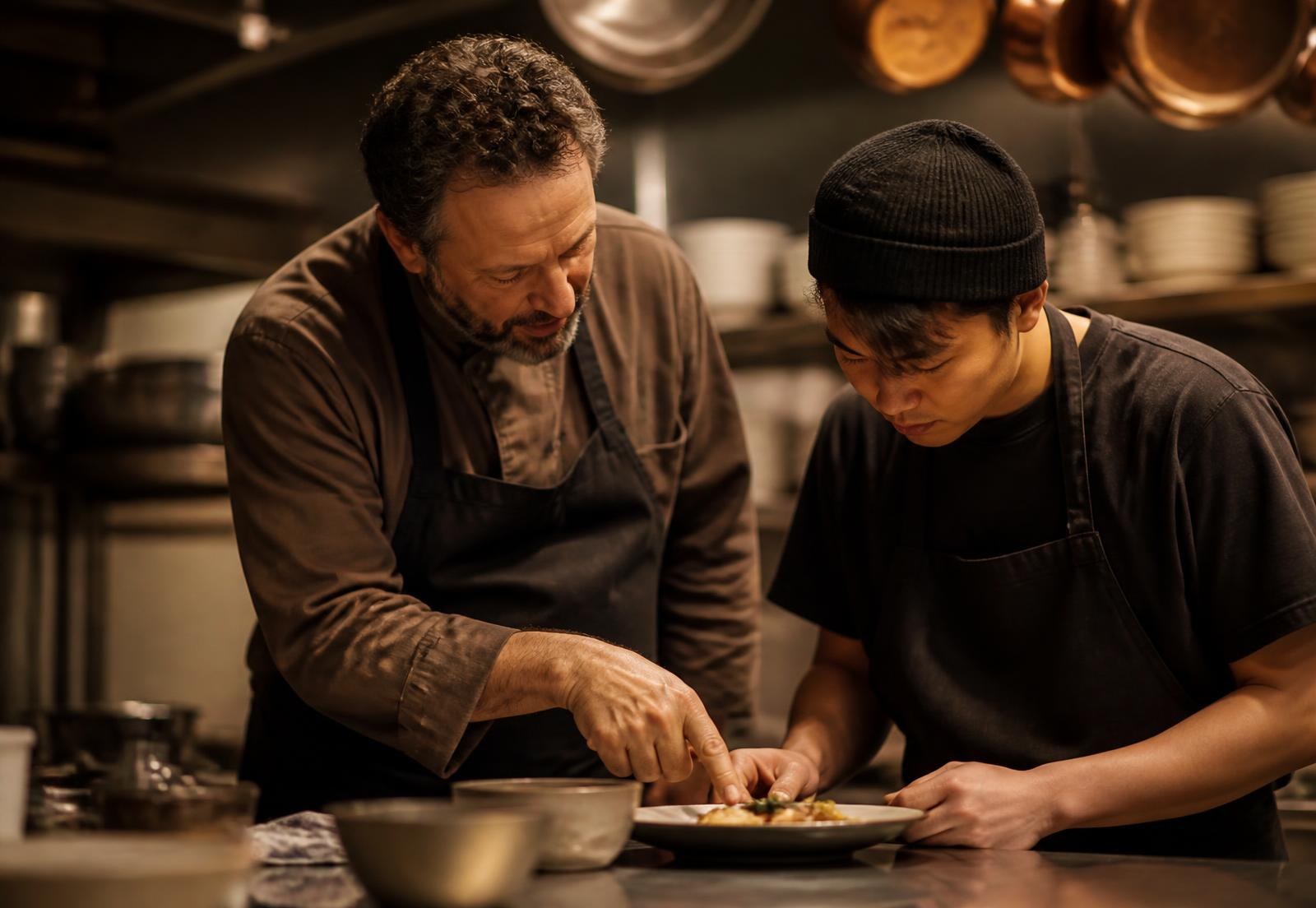 A veteran chef coaching a young cook over a finished plate in a working kitchen