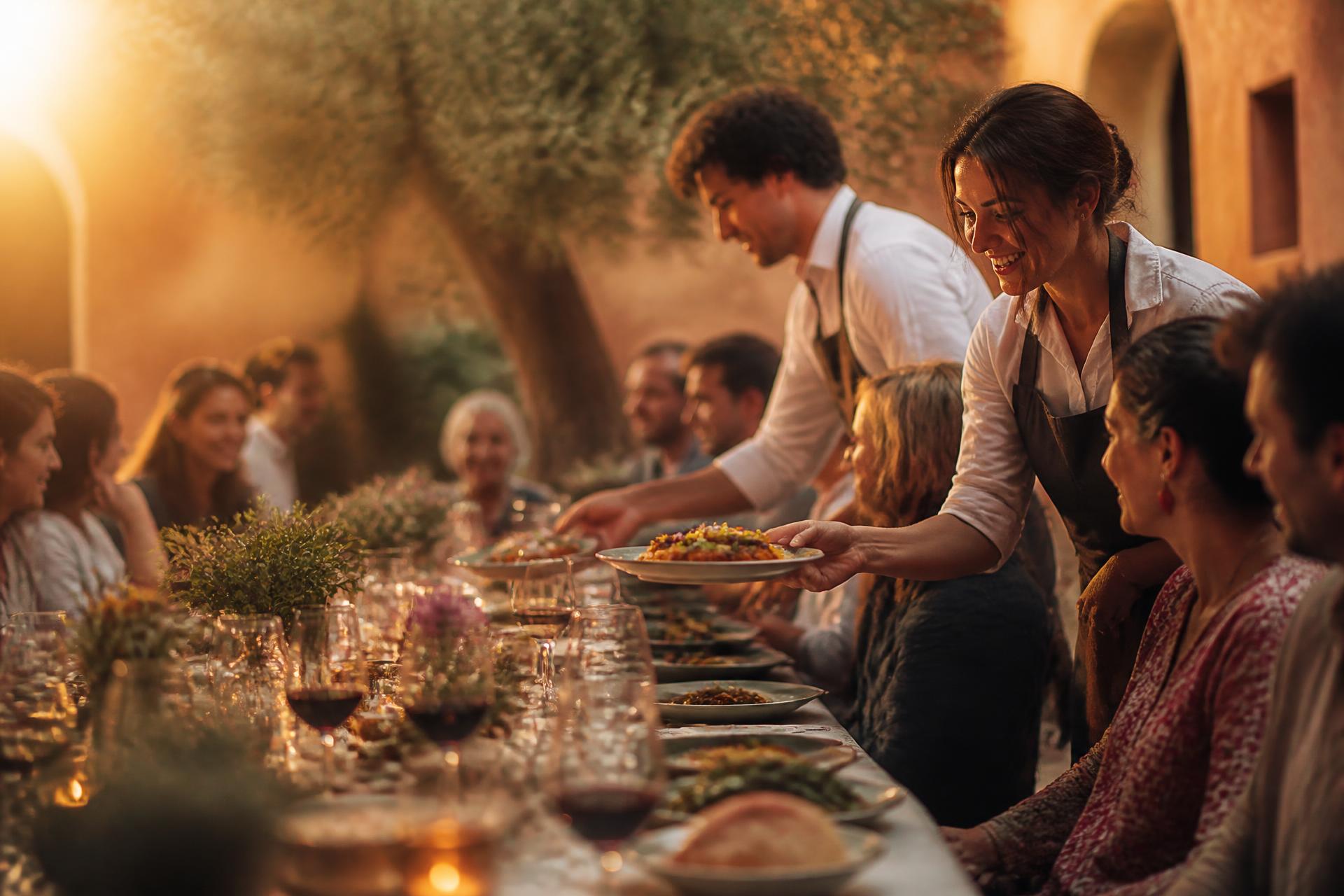 Two servers plating and serving dishes to guests at a long communal table at golden hour