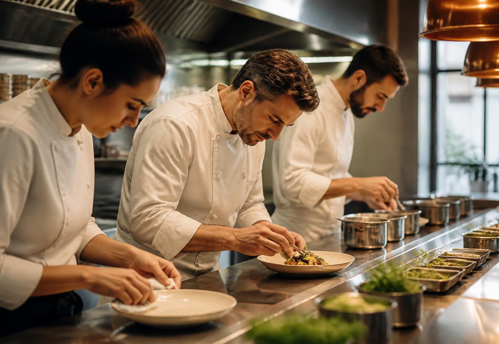 Chefs in clean white jackets plating dishes with precision on a spotless kitchen pass