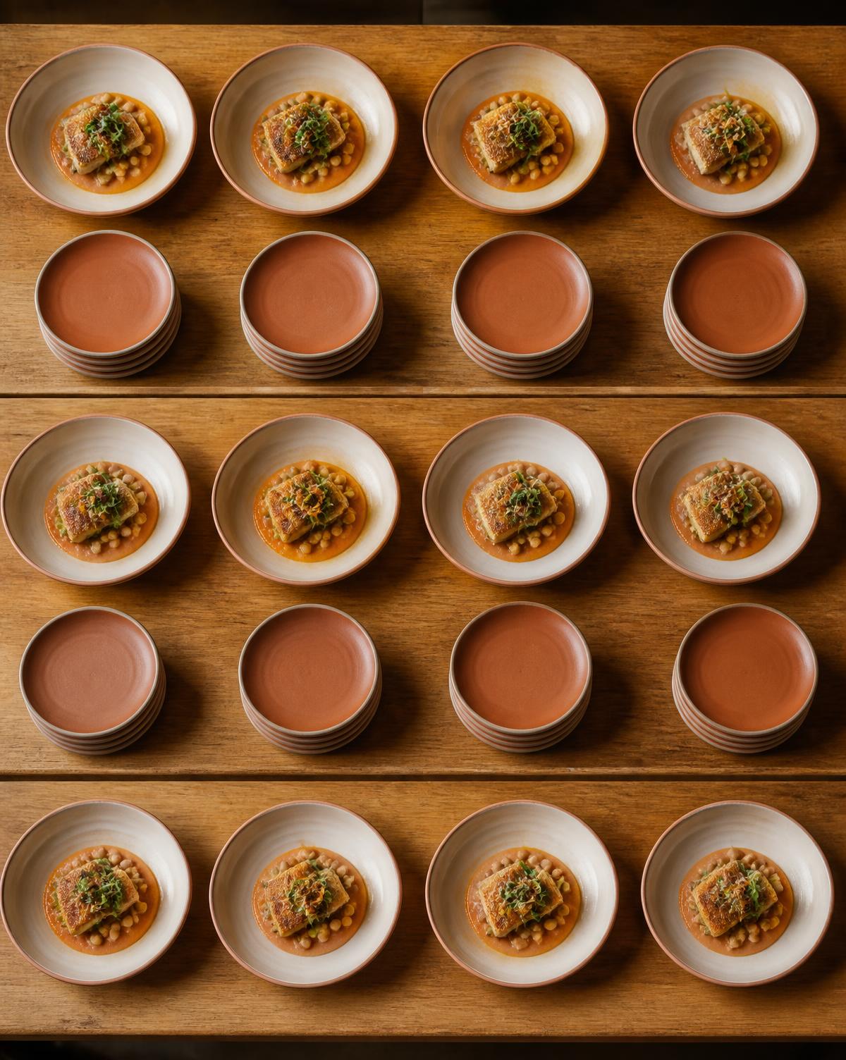 Overhead grid of identically plated dishes on a wood pass