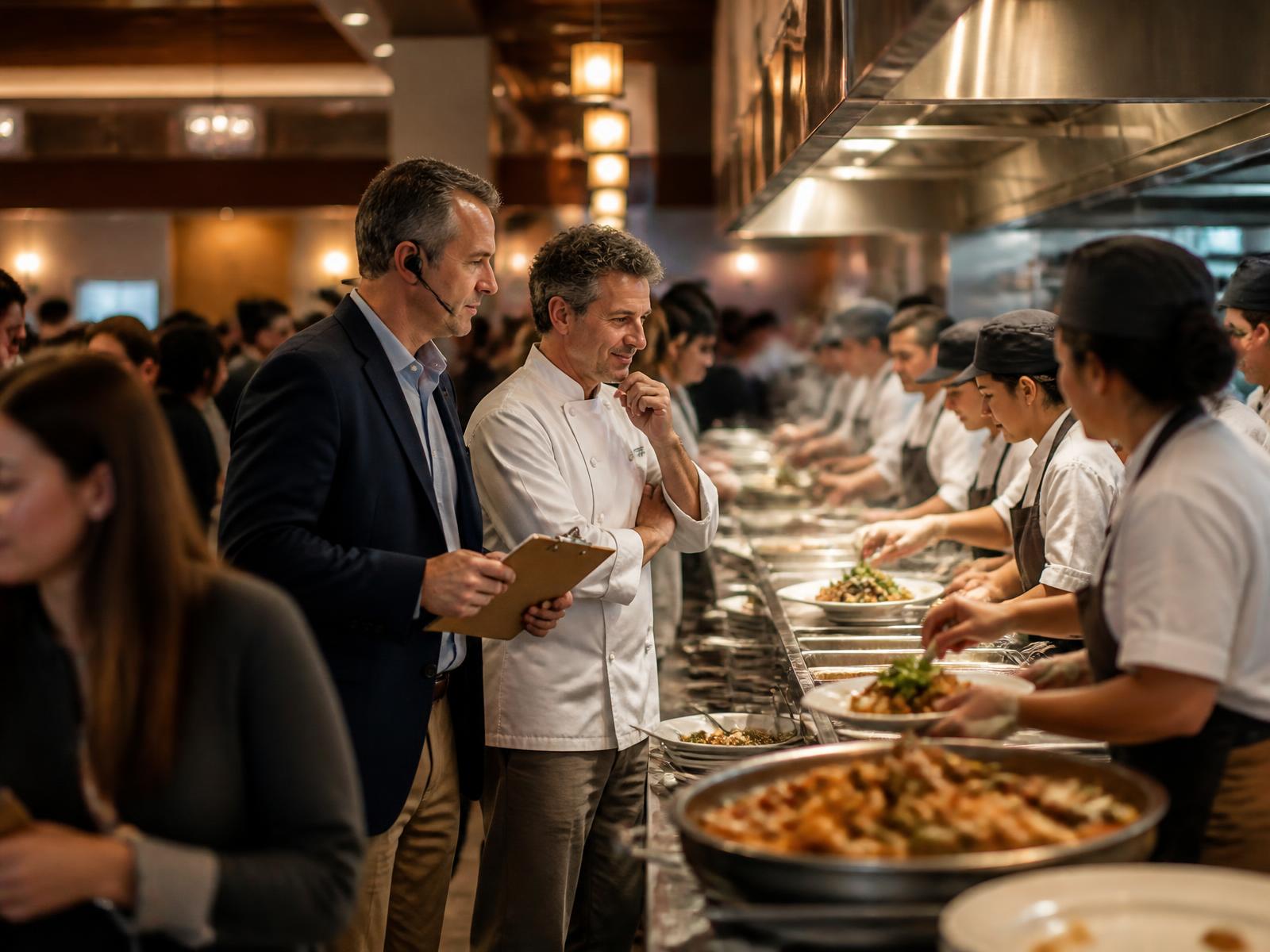 Hospitality leaders overseeing a high-volume campus dining service line at peak