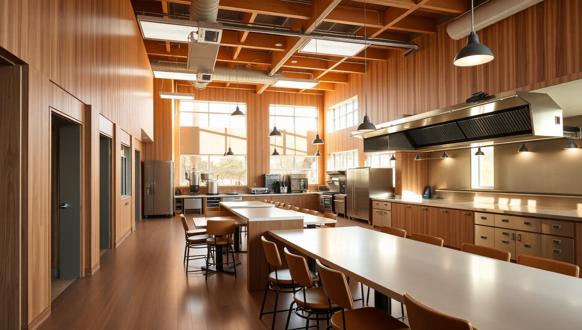 A newly renovated campus dining commons with warm oak millwork and new culinary equipment