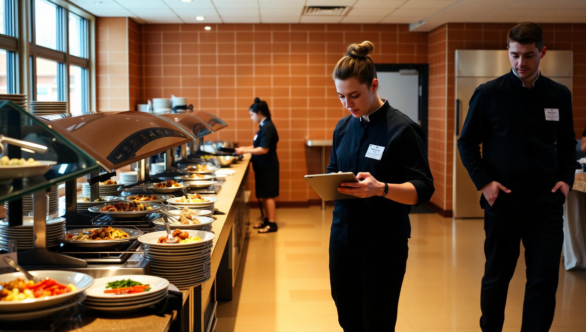 A dining services manager reviewing performance data on a tablet in a campus servery