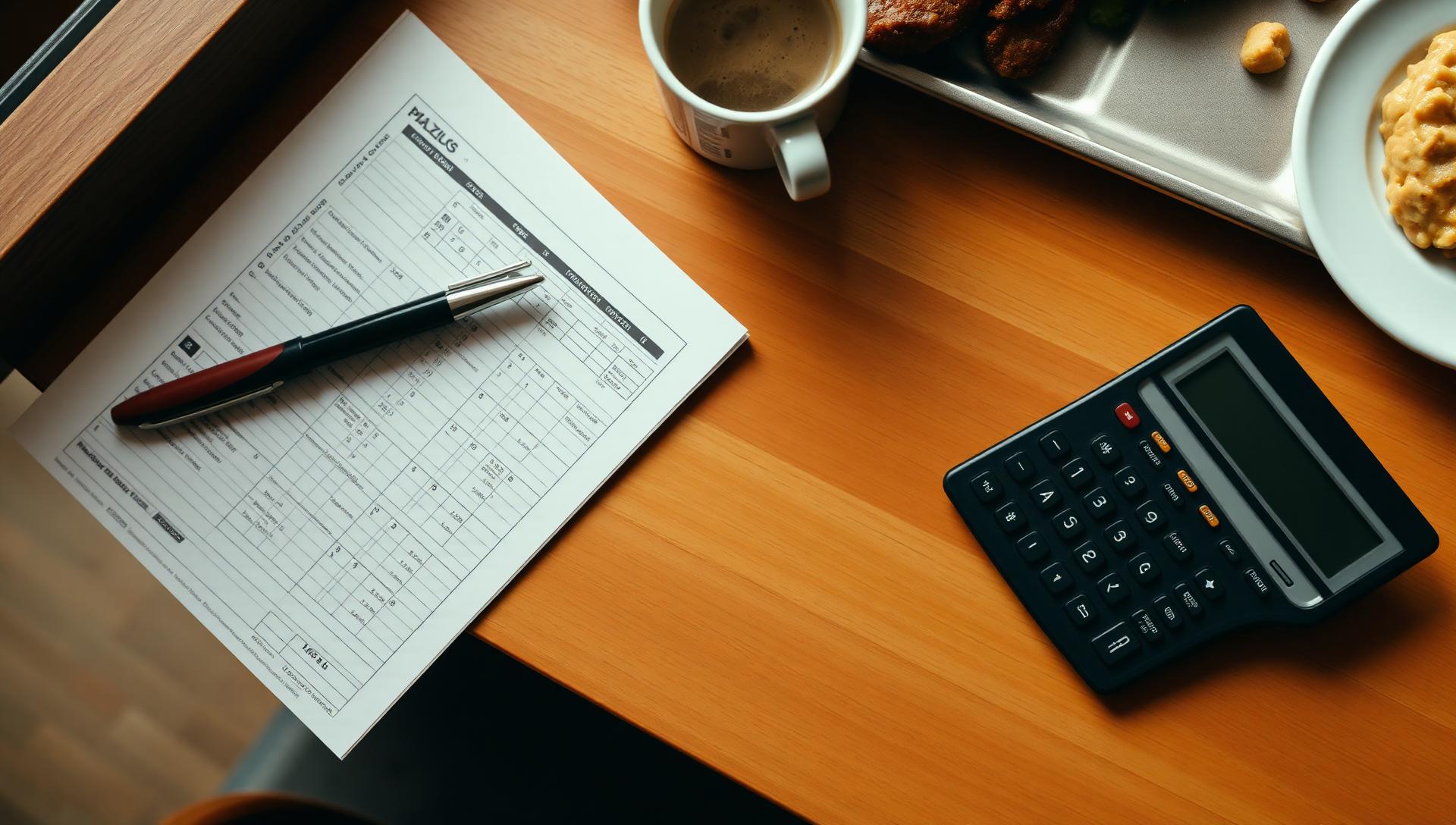 A campus dining financial worksheet, calculator and coffee cup on a warm oak desk