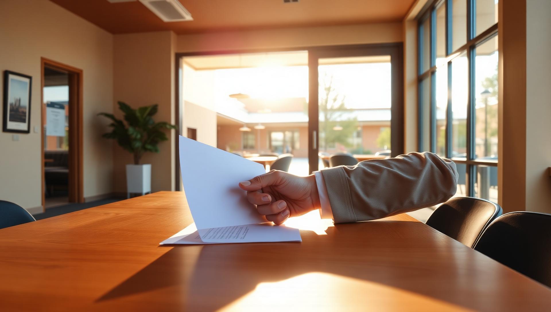 A signed agreement on a warm oak table in a sunlit campus office overlooking a dining hall