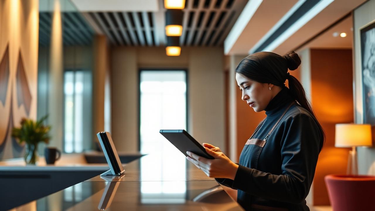 A hotel frontline associate using a tablet at a modern front desk in a well-lit lobby