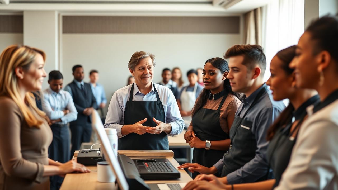 A hospitality mentor coaching a diverse group of front-of-house team members in a bright hotel training room