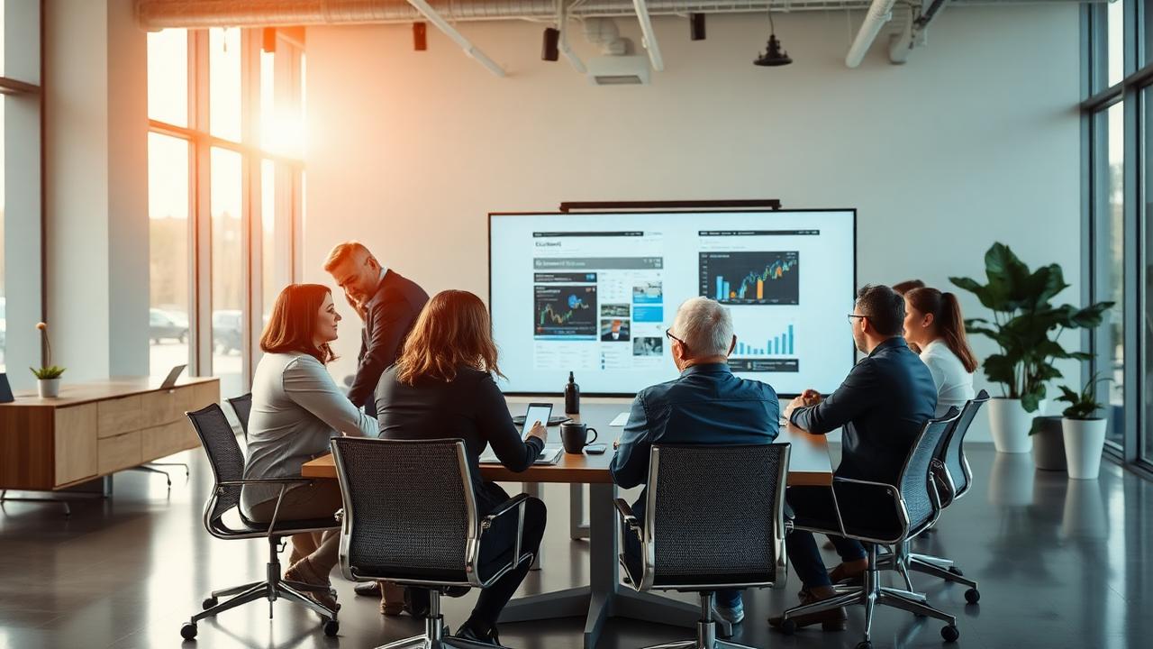 A diverse executive leadership team collaborating around a table with a large display in a modern open office