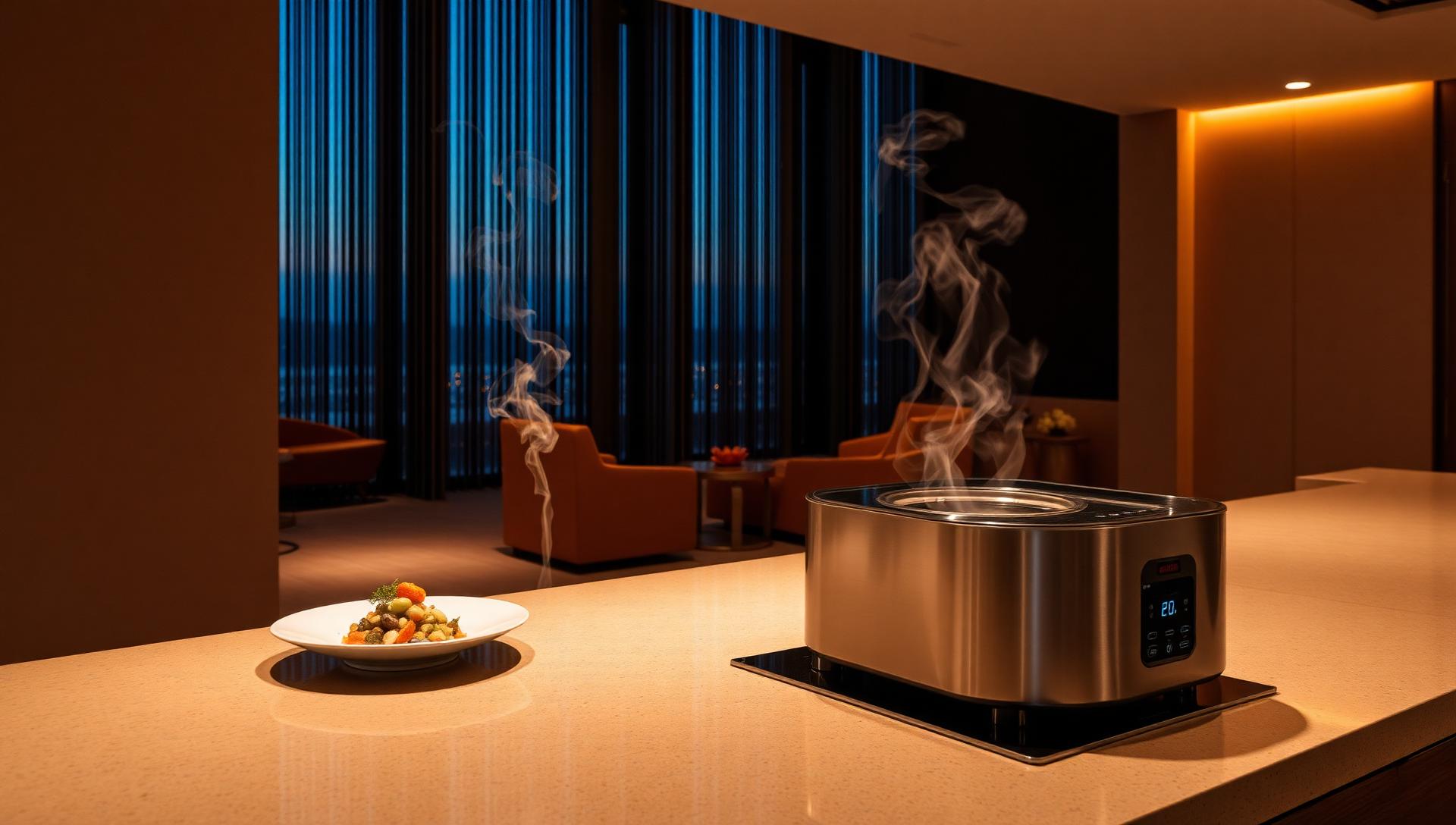 A compact countertop cooking appliance finishing a plated dish in a modern hotel lounge, illustrating technology-enabled foodservice without a traditional kitchen
