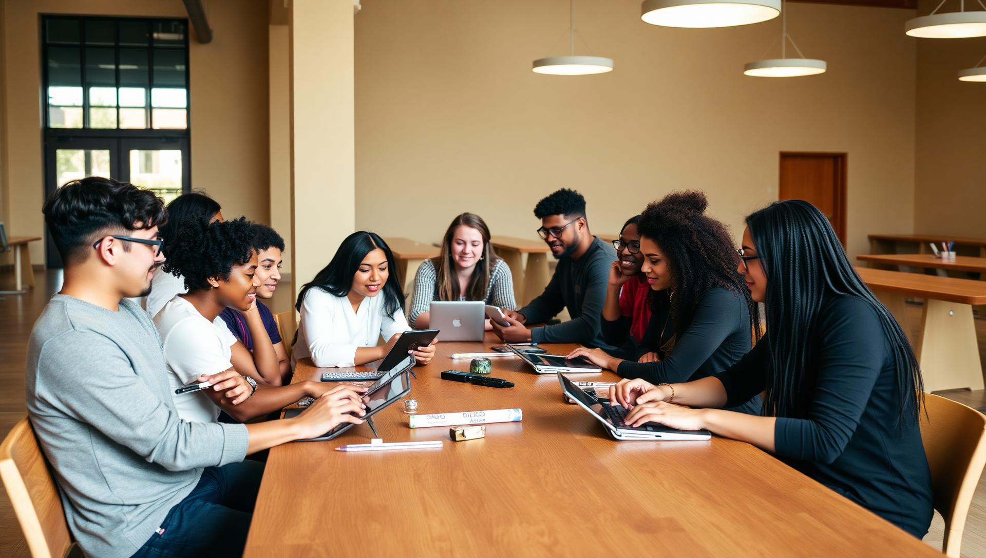 College students seated at a communal table sharing feedback about their dining experience