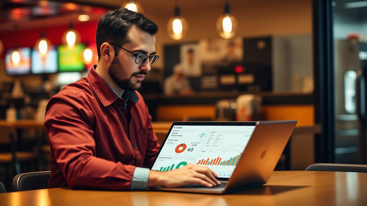 A restaurant operations manager reviewing a workforce analytics dashboard on a laptop in a back office