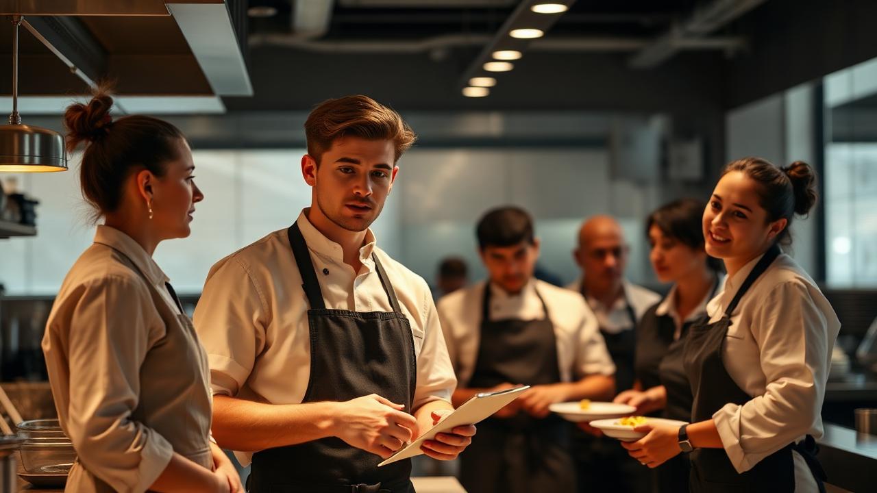 A young restaurant team leader briefing a small crew of cooks and servers before service in a professional kitchen