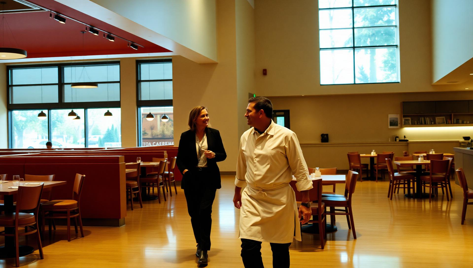 A university dining director and executive chef walking together through a campus dining hall