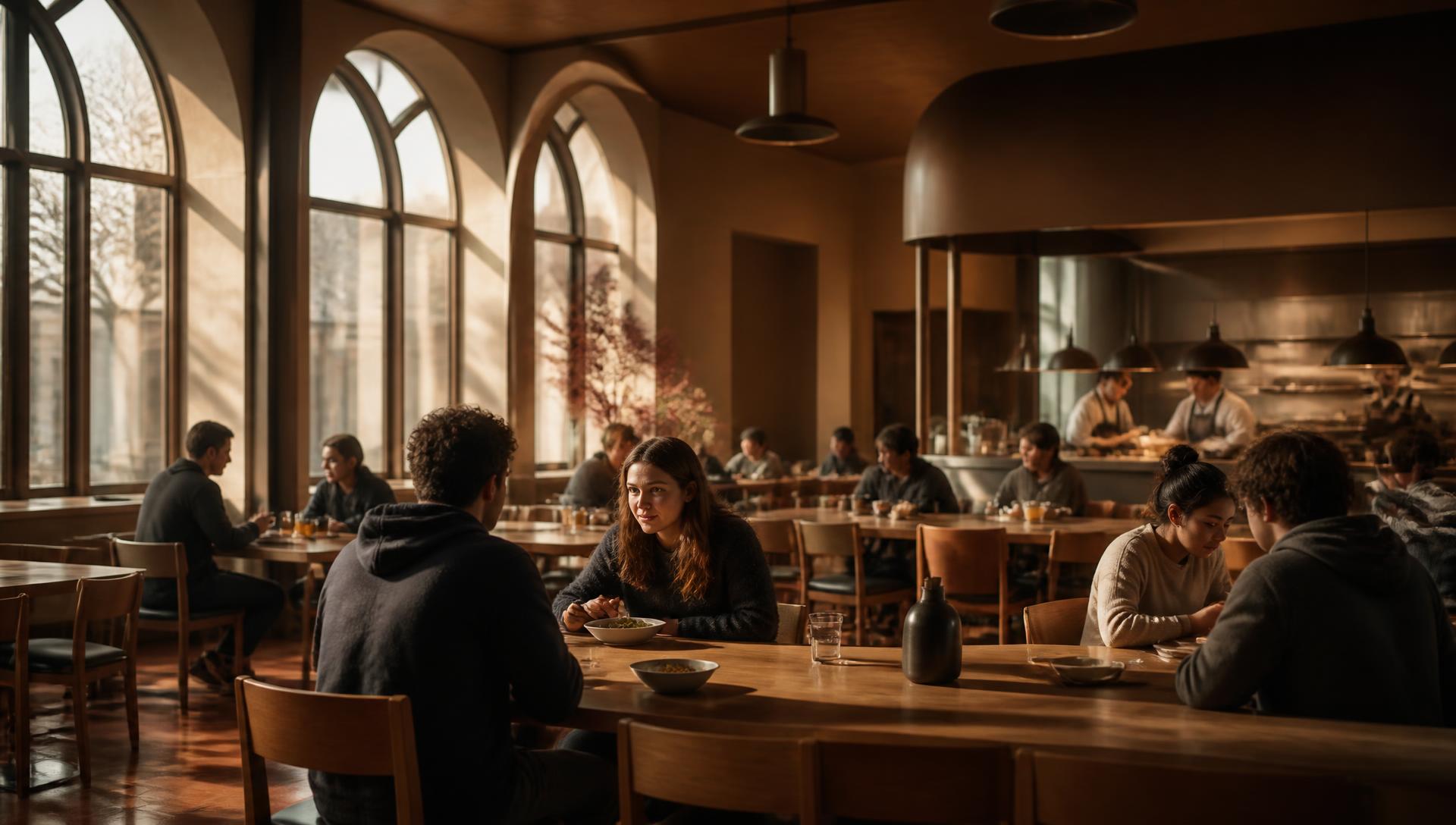 Students dining in a modern university dining commons with an open culinary station at golden hour