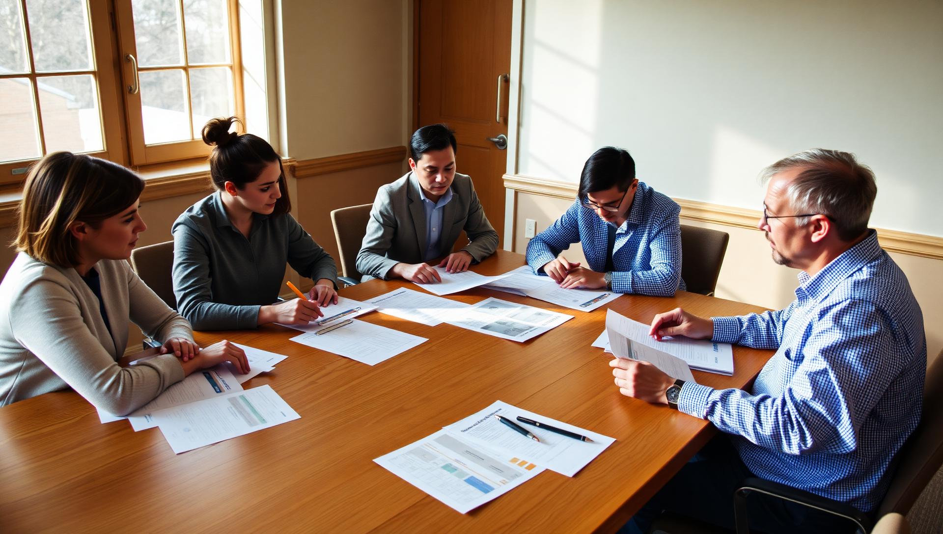 A university selection committee reviewing dining proposals around a warm oak conference table